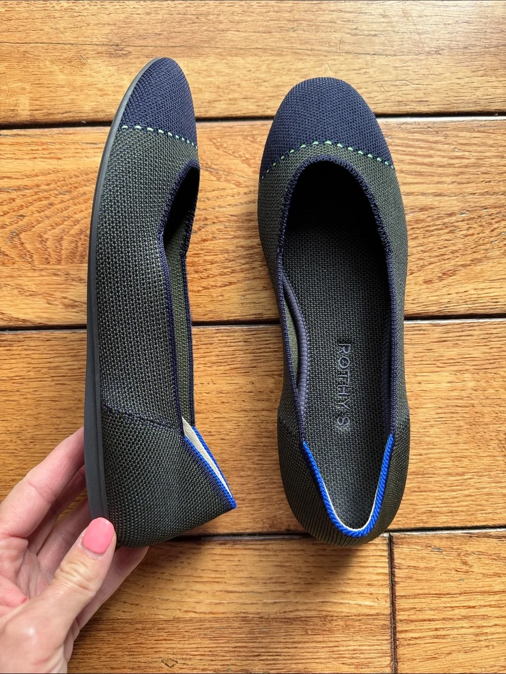 Rothy's The Square Highland Captoe Olive Navy Sz 7.5 Knit Ballet Flat Loafers